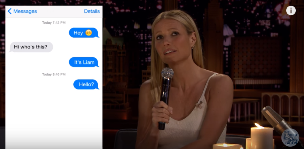 Gwyneth Paltrow on The Tonight Show Starring Jimmy Fallon, singing awkward romantic text messages